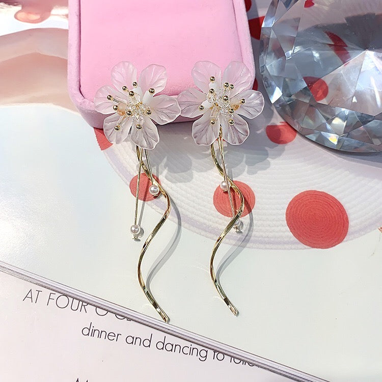 Elegant Crystal Flower Slinky Drop Earrings featuring a floral design, made from crystal, alloy, pearl, and 925 silver.