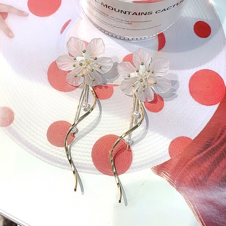 Elegant Crystal Flower Slinky Drop Earrings featuring a floral design, made from crystal, alloy, pearl, and 925 silver.