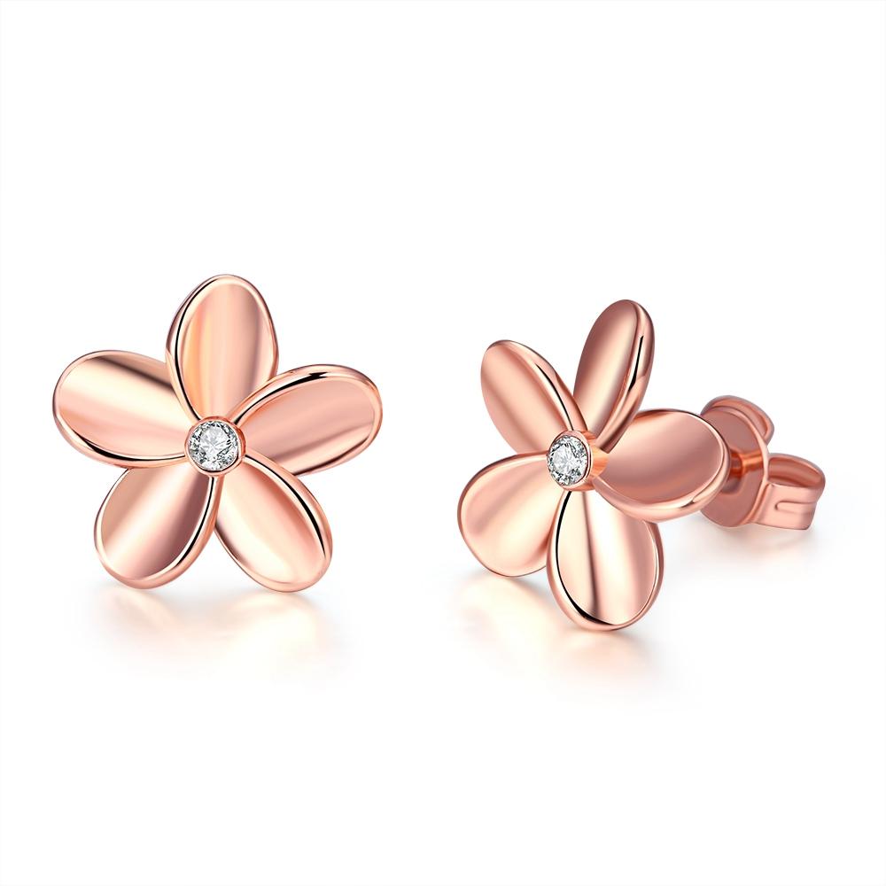 Elegant Crystal Flower Stud Earring in 18K Rose Gold Plated, featuring genuine crystals and a comfortable design.