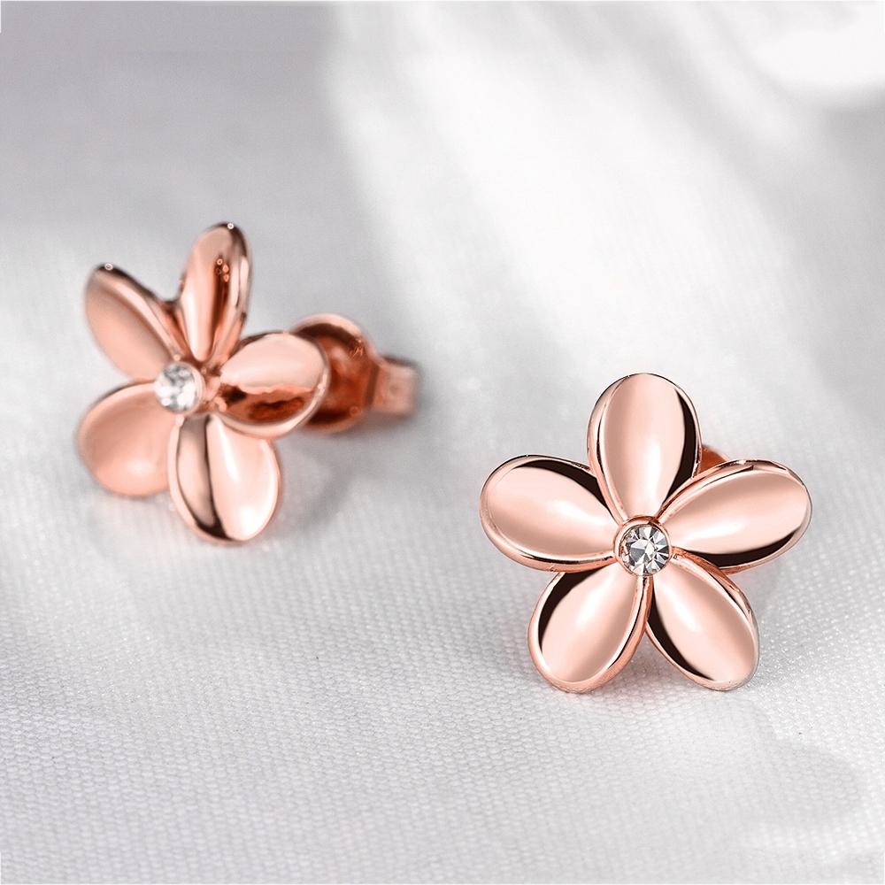 Elegant Crystal Flower Stud Earring in 18K Rose Gold Plated, featuring genuine crystals and a comfortable design.