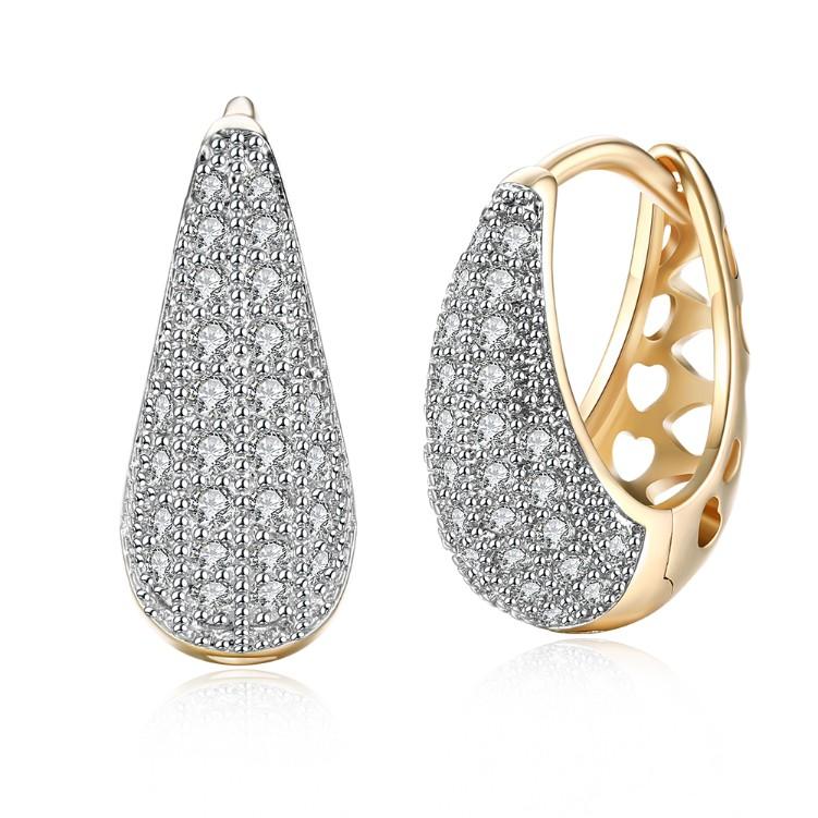 Elegant Crystal Micro-Pav'e Pear Shaped Teardrop Huggies in 18K Gold, showcasing sparkling crystals and a butterfly backing.