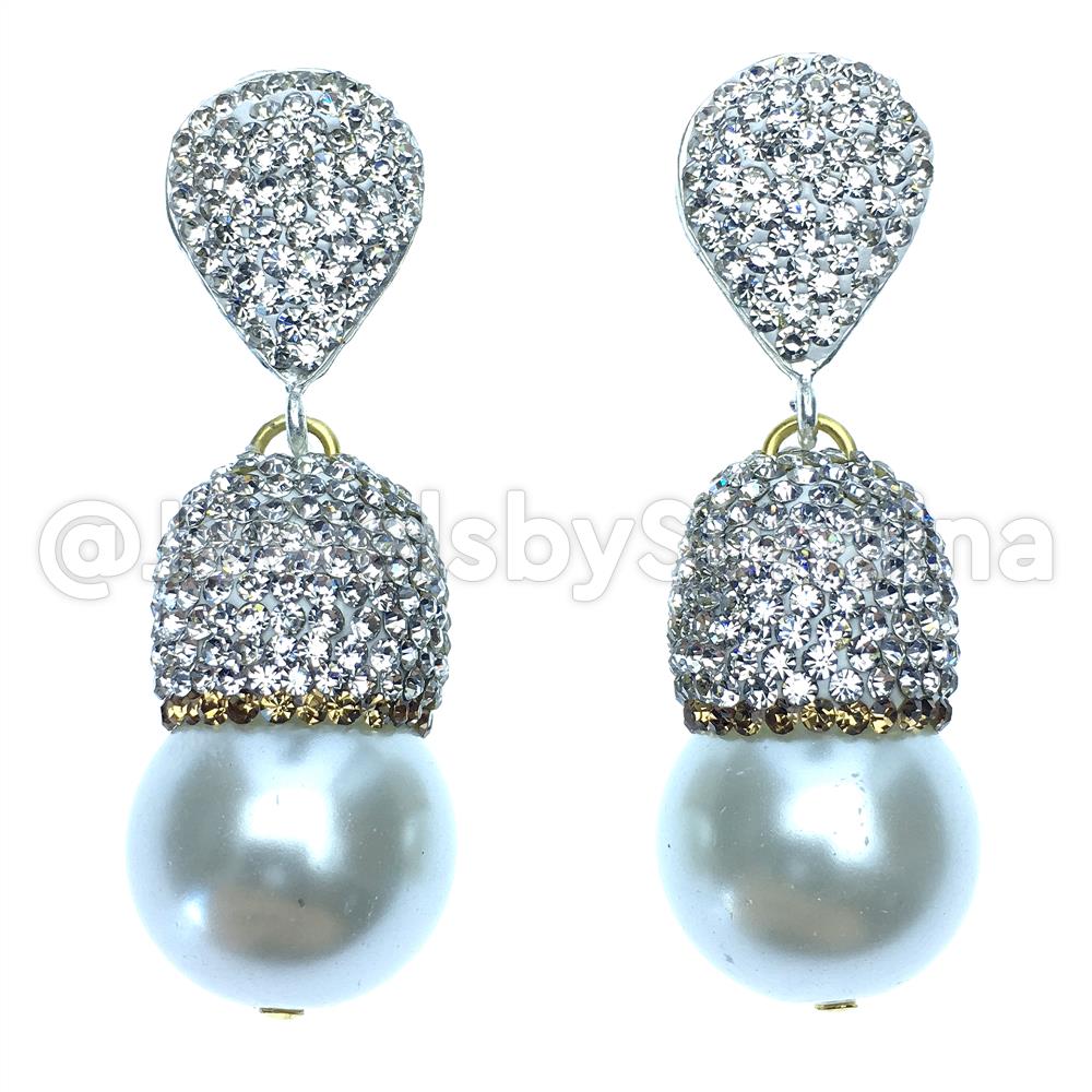 Elegant CRYSTAL Pearl Drop Earrings featuring shimmering white pearls and vintage-inspired cubic zirconia accents in a gold-plated setting.