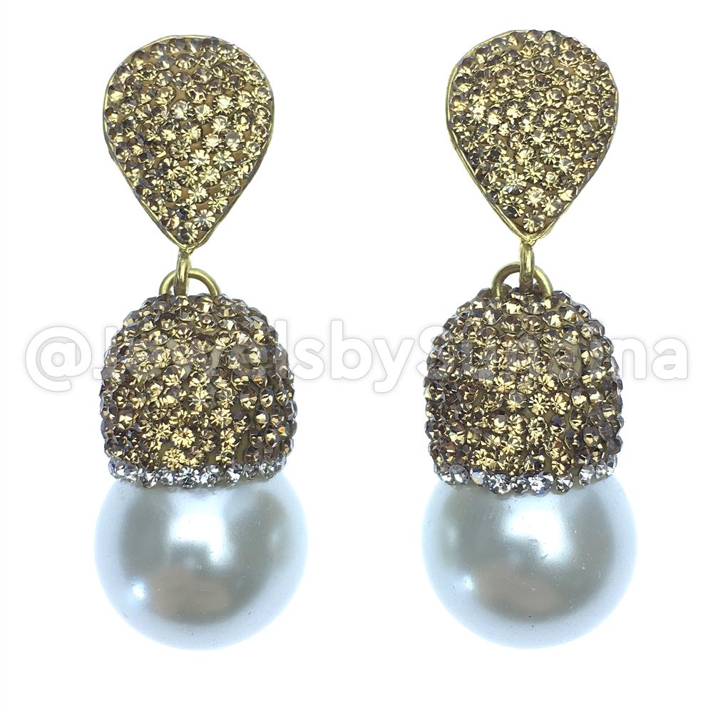 Elegant CRYSTAL Pearl Drop Earrings featuring shimmering white pearls and vintage-inspired cubic zirconia accents in a gold-plated setting.