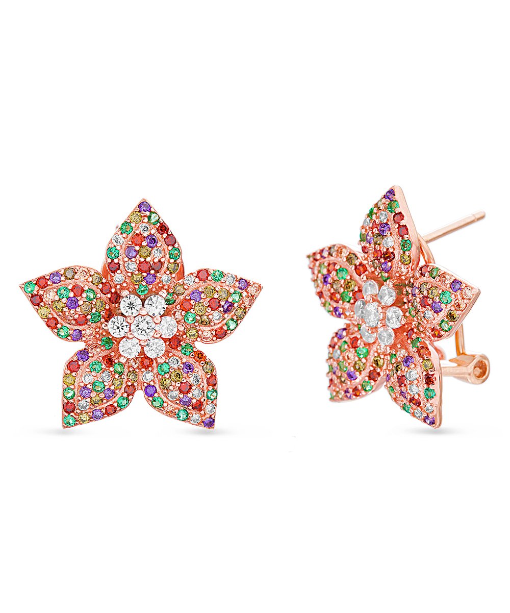 Elegant Crystal Rainbow Flower Stud Earrings in Rose Gold, featuring vibrant crystals and 18K gold plating.