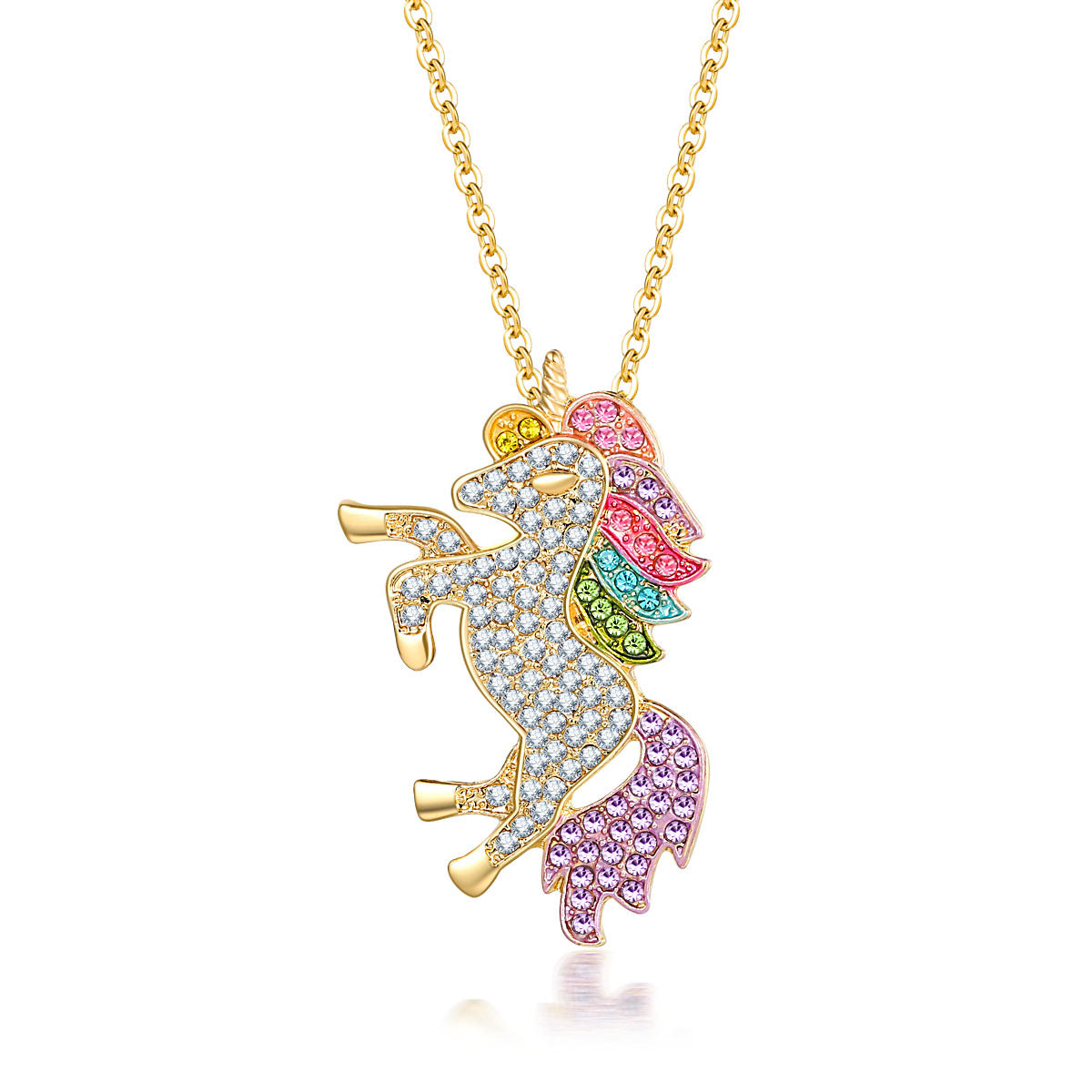 Crystal Rainbow Unicorn Necklace in 14K Gold with a majestic unicorn pendant and colorful Italian crystals.