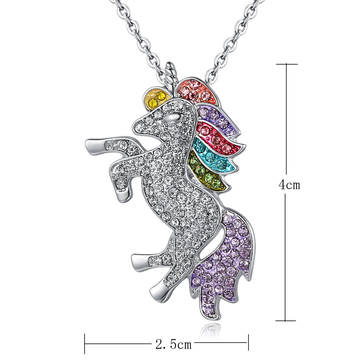 Crystal Rainbow Unicorn Necklace in 14K Gold with a majestic unicorn pendant and colorful Italian crystals.