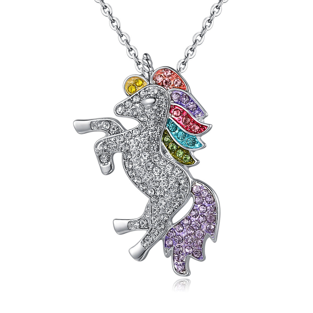 Crystal Rainbow Unicorn Necklace in 14K Gold with a majestic unicorn pendant and colorful Italian crystals.