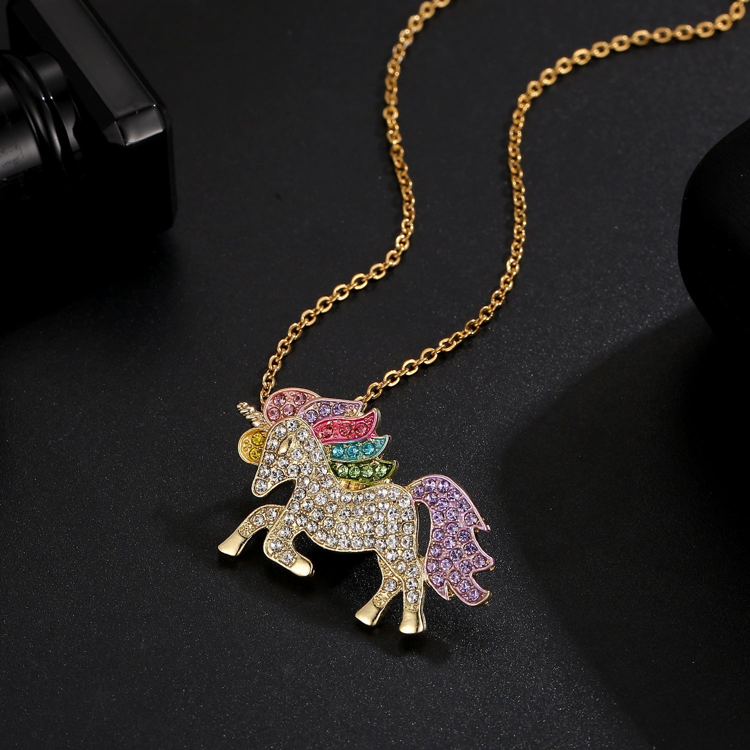 Crystal Rainbow Unicorn Necklace in 14K Gold with a majestic unicorn pendant and colorful Italian crystals.