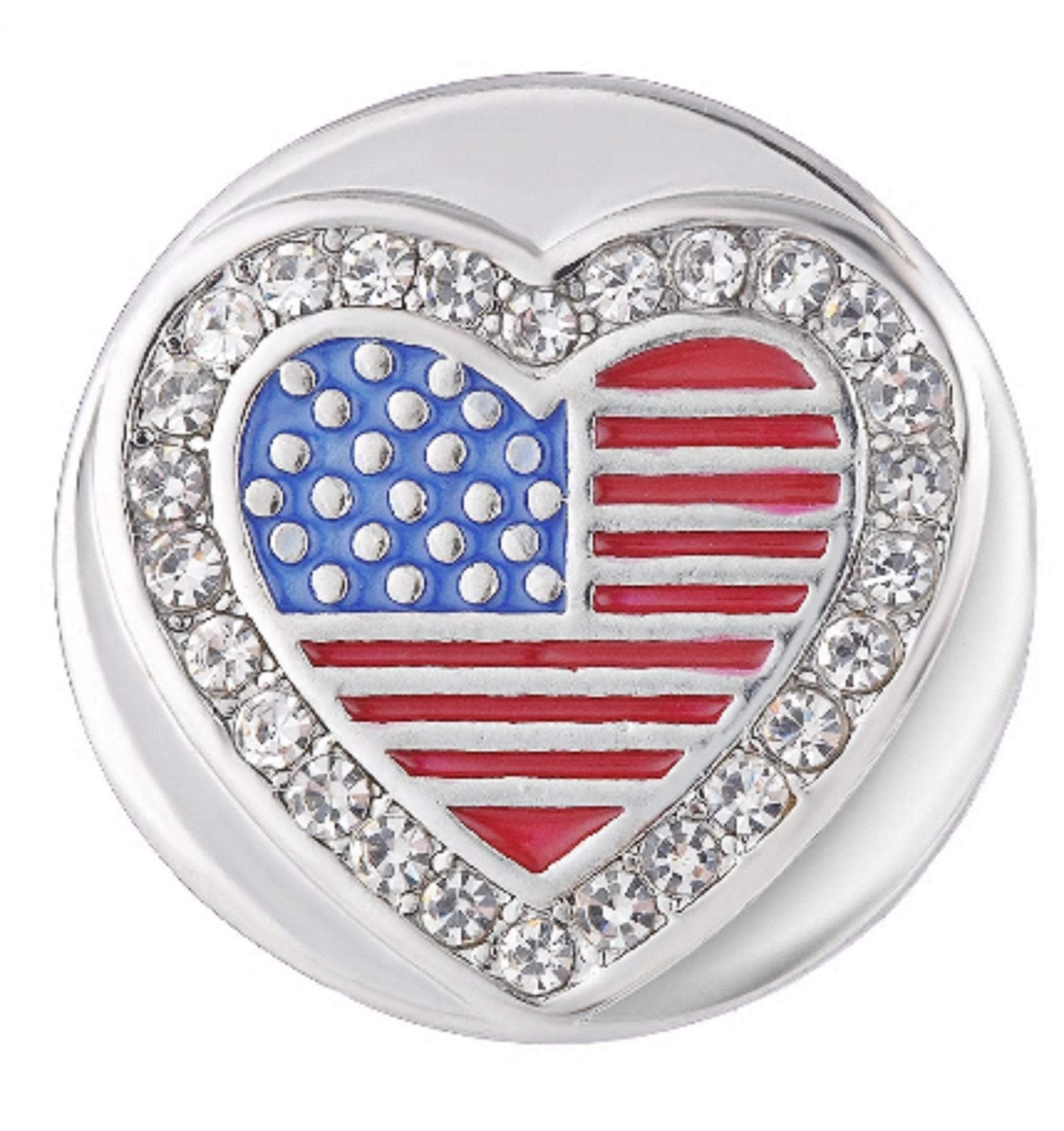 USA Flag Snap Jewelry featuring red, white, and blue crystals, measuring 18mm across, perfect for interchangeable snap jewelry.