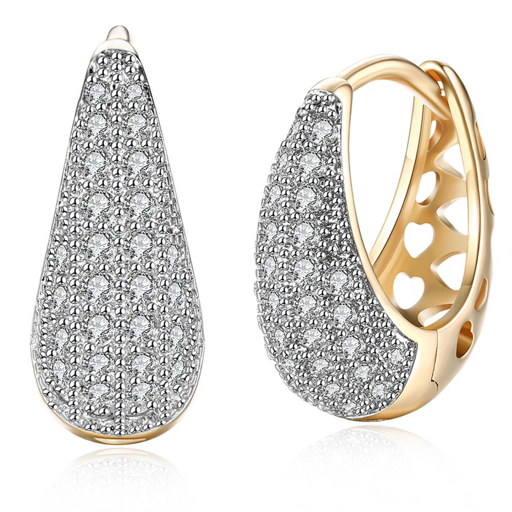 Elegant Crystals 18mm Pave Heart Filigree Teardrop Huggie Earrings in gold plating, featuring sparkling crystals and a comfortable fit.