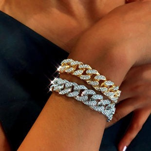 Cuba Rhinestone Bracelet featuring sparkling rhinestones on a durable alloy band, elegantly designed for stylish wear.