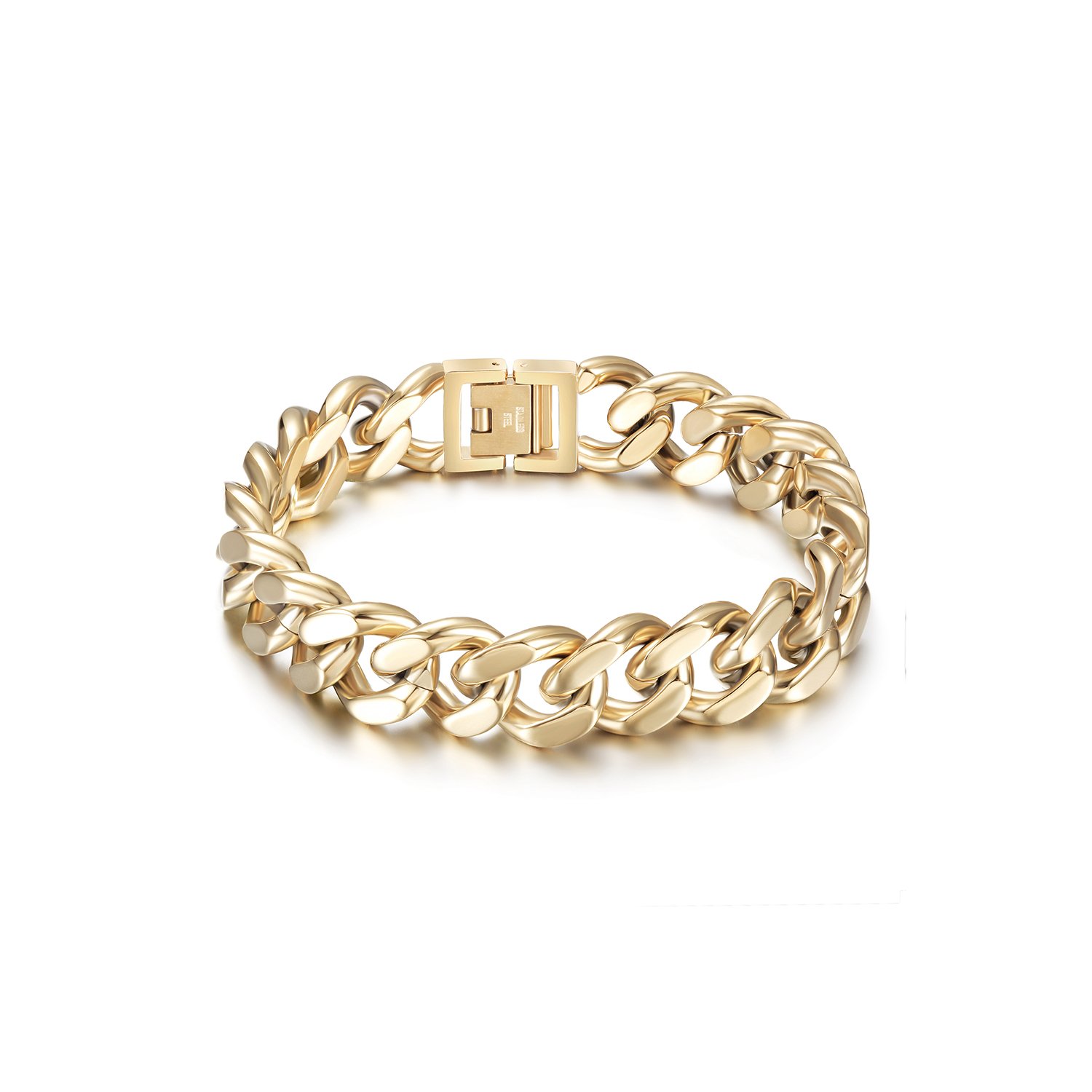 Cuban Link Chain Bracelet made of 316L surgical stainless steel with 14K gold PVD plating, showcasing its elegant design and durability.