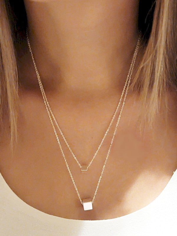 Cube Pendant Double Layer Necklace Set in silver, featuring elegant cube pendants on a double layer chain.