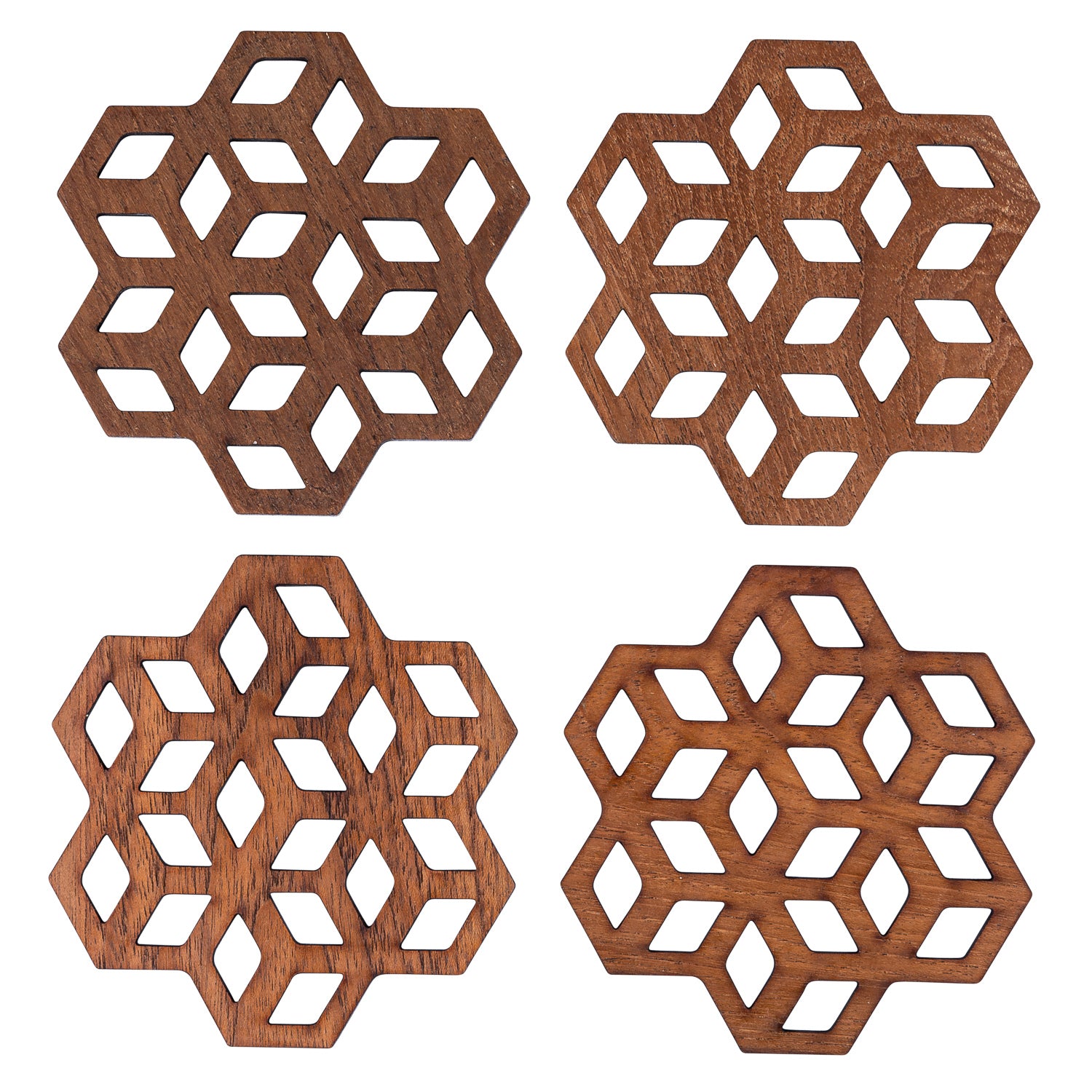 Set of Cubix Geometric Upcycled Teak Wood Coasters, showcasing unique geometric designs and natural wood grain.