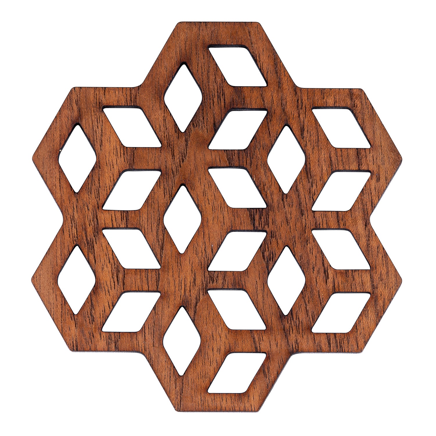 Set of Cubix Geometric Upcycled Teak Wood Coasters, showcasing unique geometric designs and natural wood grain.