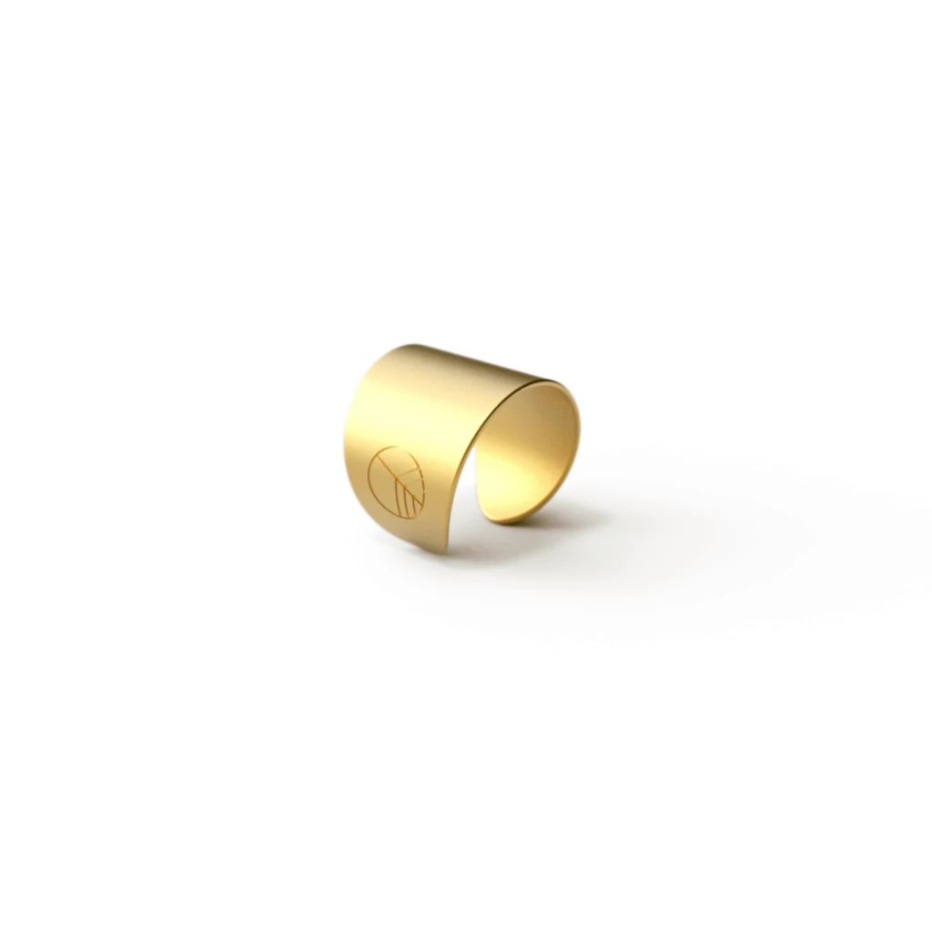 Elegant cuff ring made of hypoallergenic stainless steel with 24k gold coating, showcasing a minimalist design.