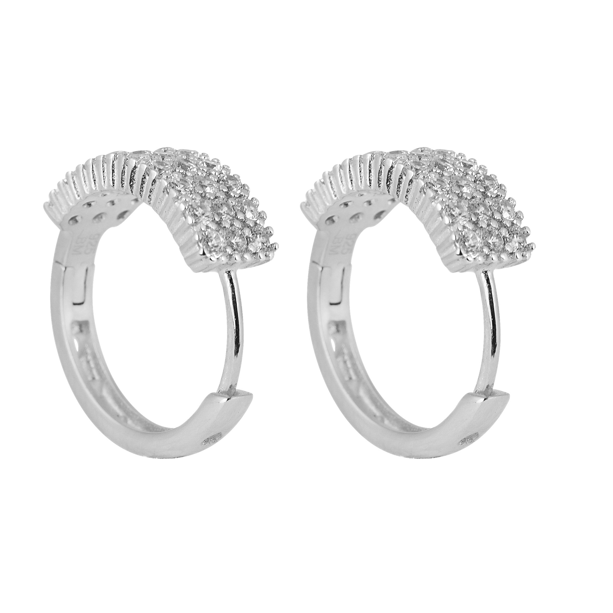 CURIO 925 earrings featuring three rows of sparkling cubic zirconia set in sterling silver, showcasing elegance and craftsmanship.