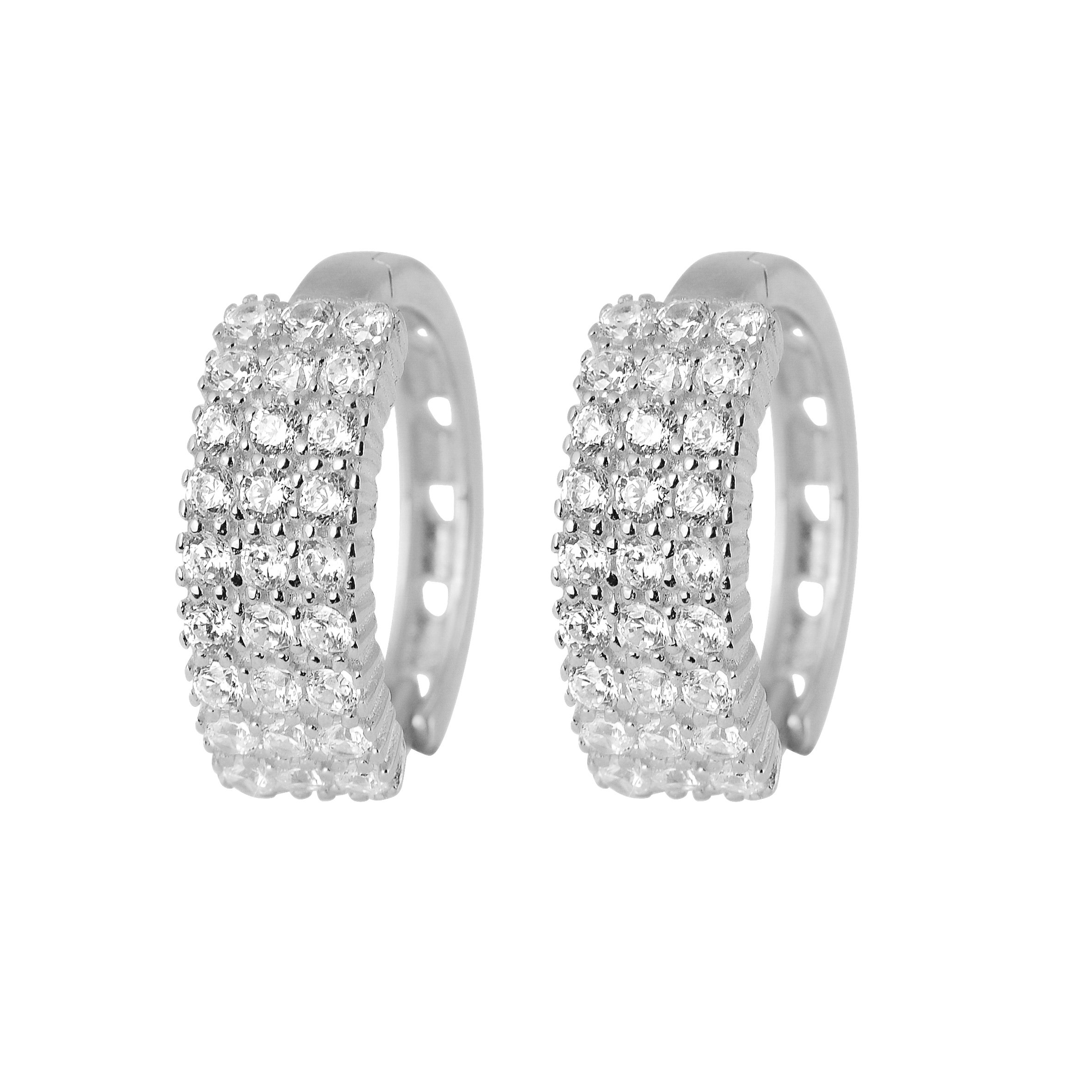 CURIO 925 earrings featuring three rows of sparkling cubic zirconia set in sterling silver, showcasing elegance and craftsmanship.