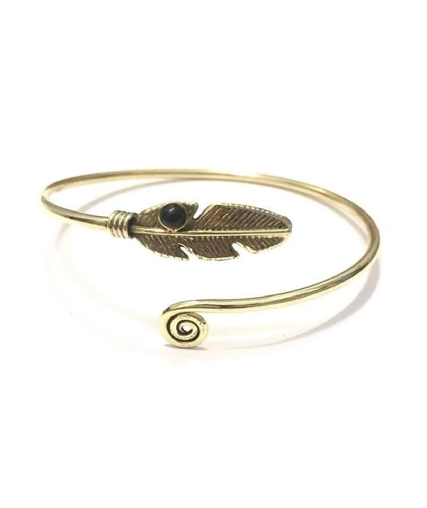 Curl Up Feather Bangle Bracelet in Gold and Silver with intricate feather design and semi-precious stone accents.