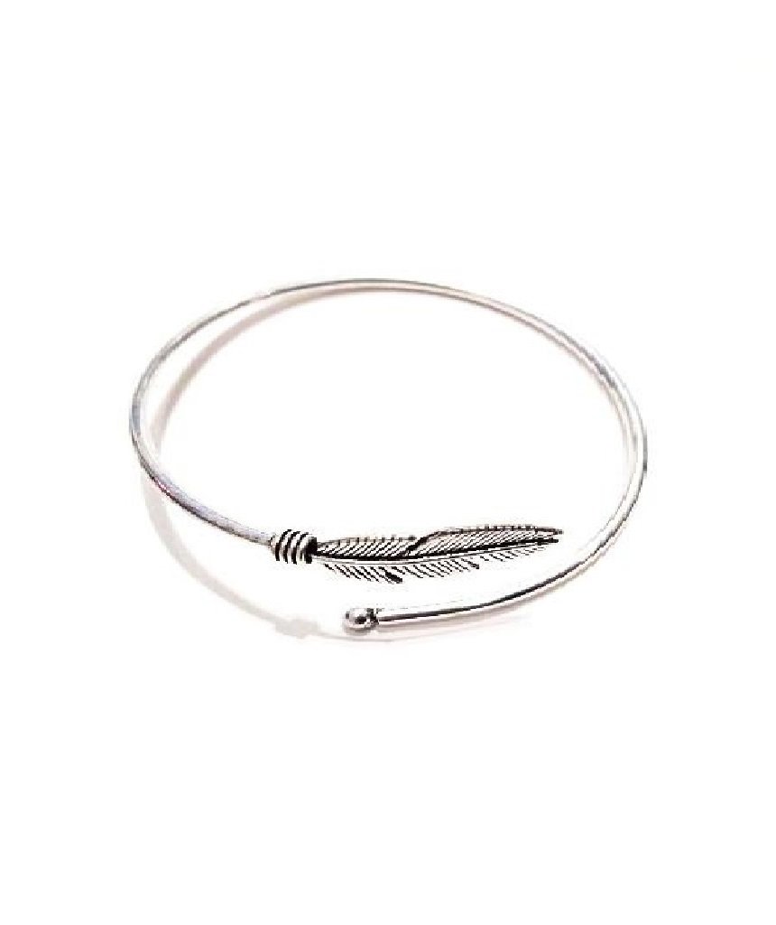 Curl Up Feather Bangle Bracelet in Gold and Silver with intricate feather design and semi-precious stone accents.