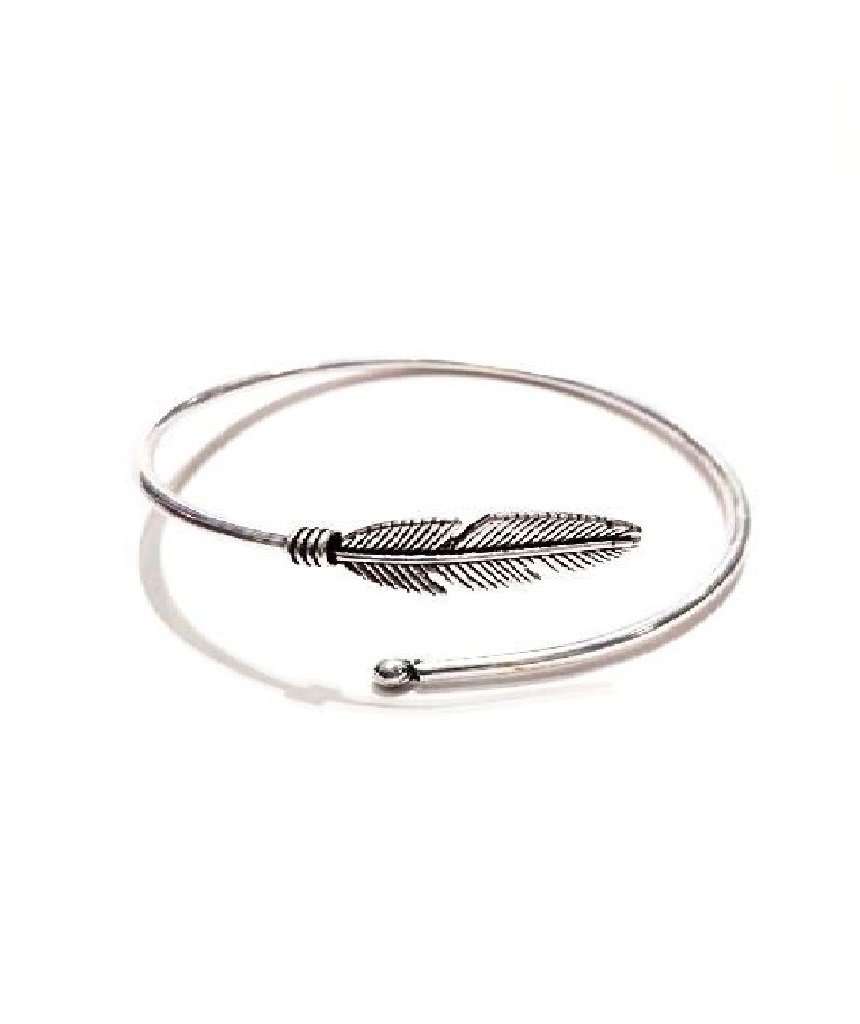 Curl Up Feather Bangle Bracelet in Gold and Silver with intricate feather design and semi-precious stone accents.