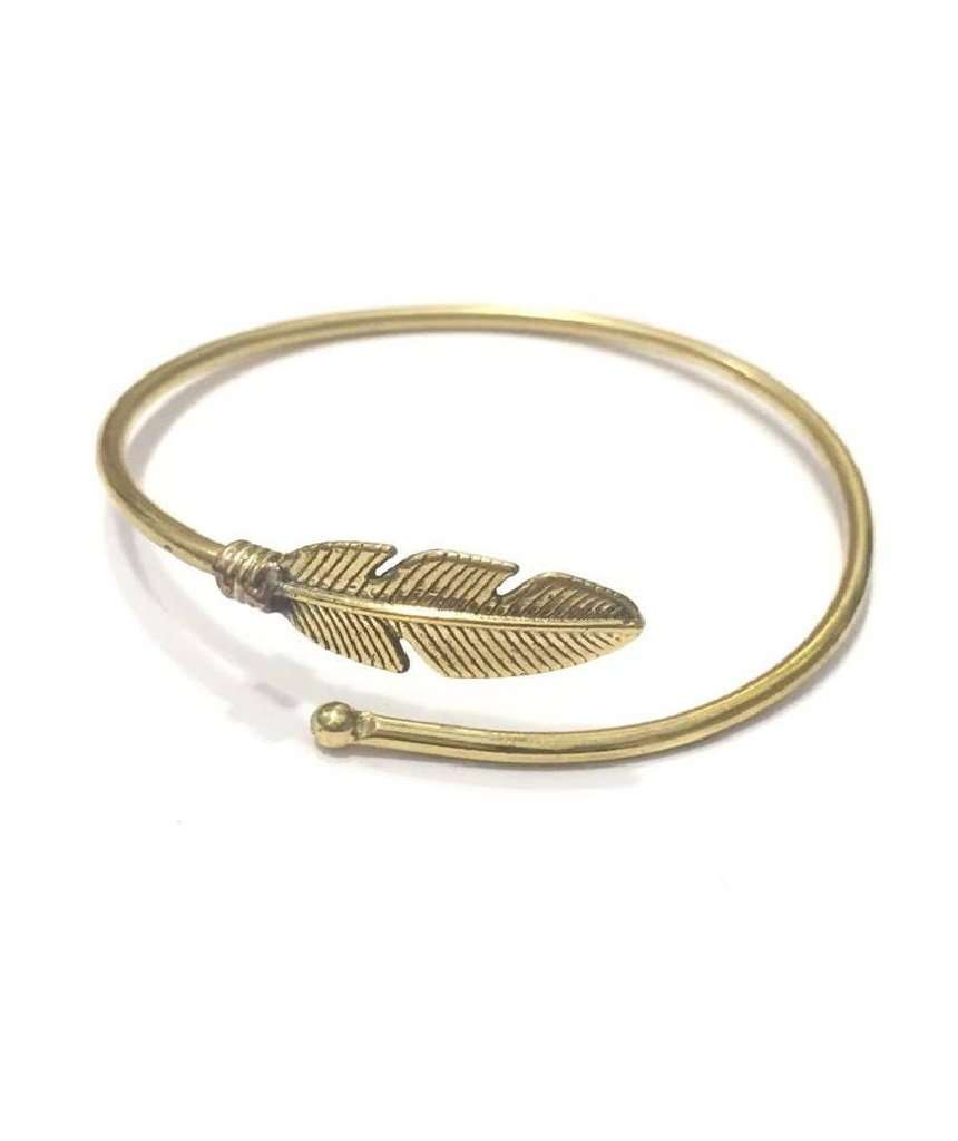 Curl Up Feather Bangle Bracelet in Gold and Silver with intricate feather design and semi-precious stone accents.