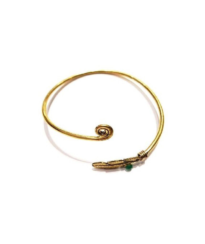 Curl Up Feather Bangle Bracelet in Gold and Silver with intricate feather design and semi-precious stone accents.