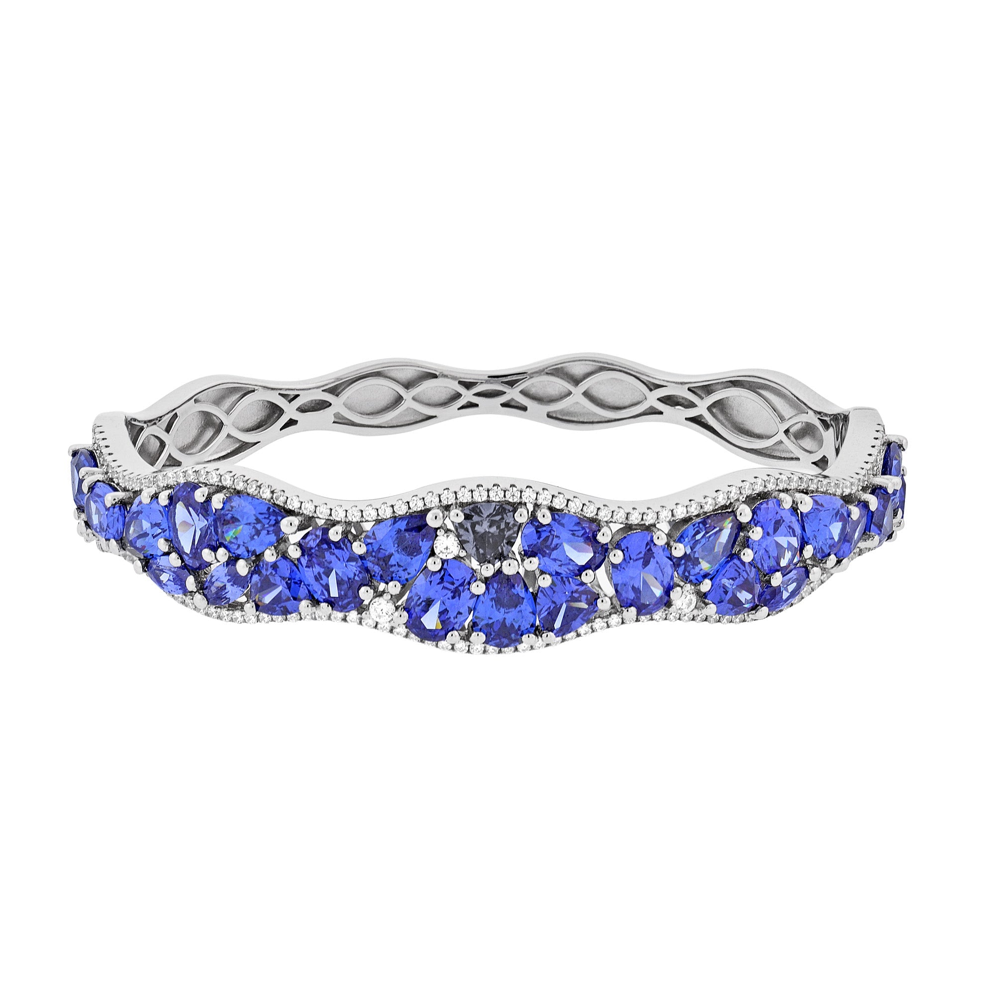 A stylish Curve Halo Blue CZ Bangle made of sterling silver with a chic hung closure and blue cubic zirconia stones.