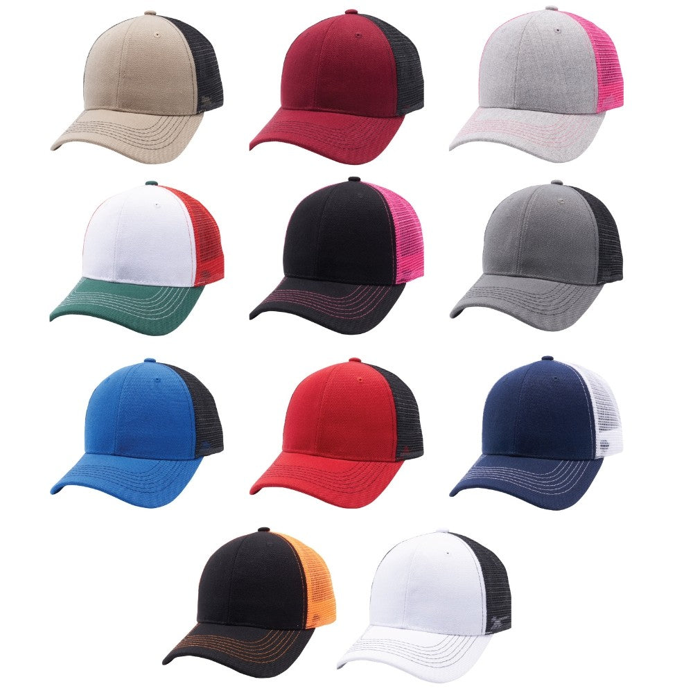 A pack of 6 Curved Trucker Mesh Hats in various colors, showcasing their classic design and adjustable snap closure.