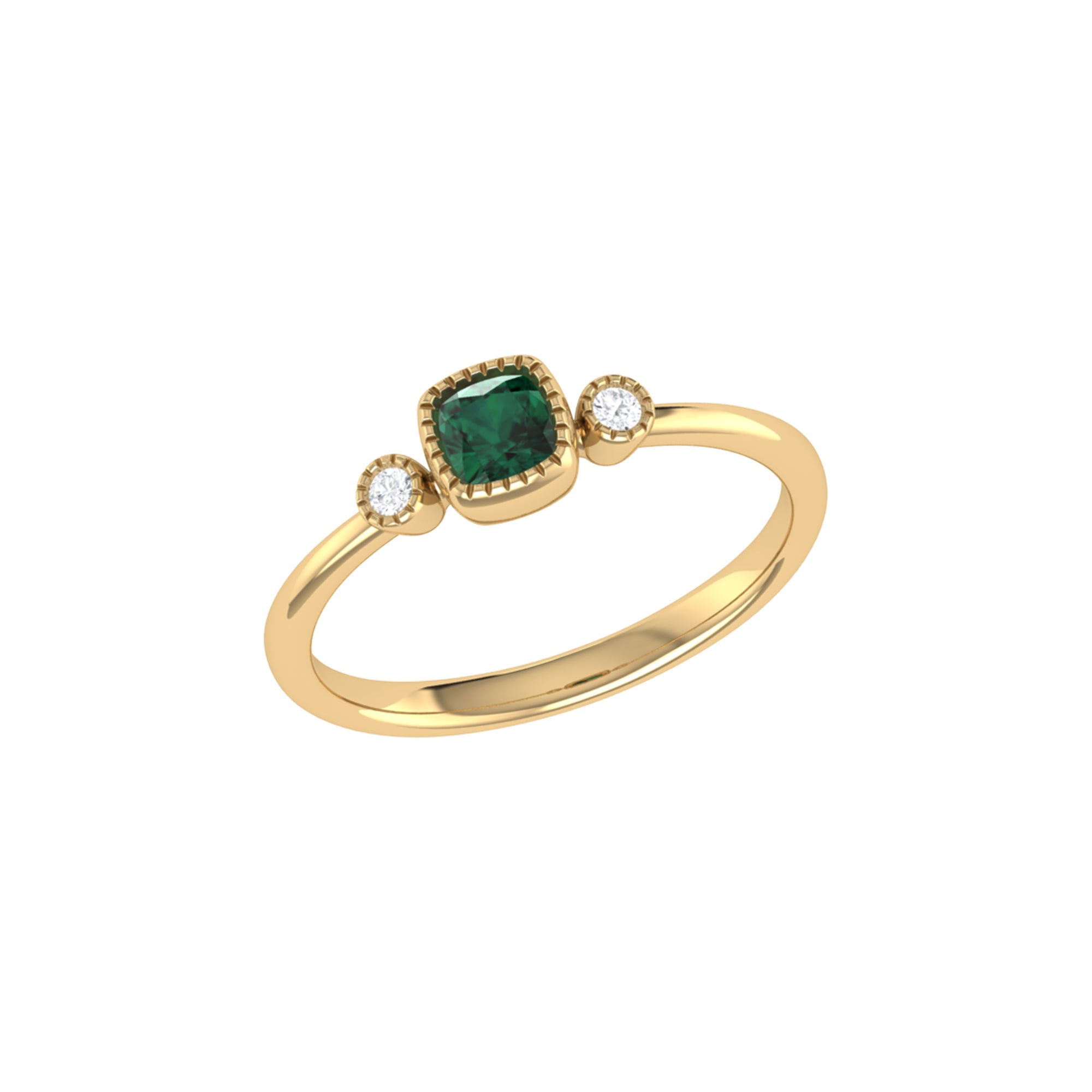 Cushion Cut Emerald & Diamond Birthstone Ring in 14K Yellow Gold, featuring a vibrant green emerald and sparkling diamonds in a bezel setting.