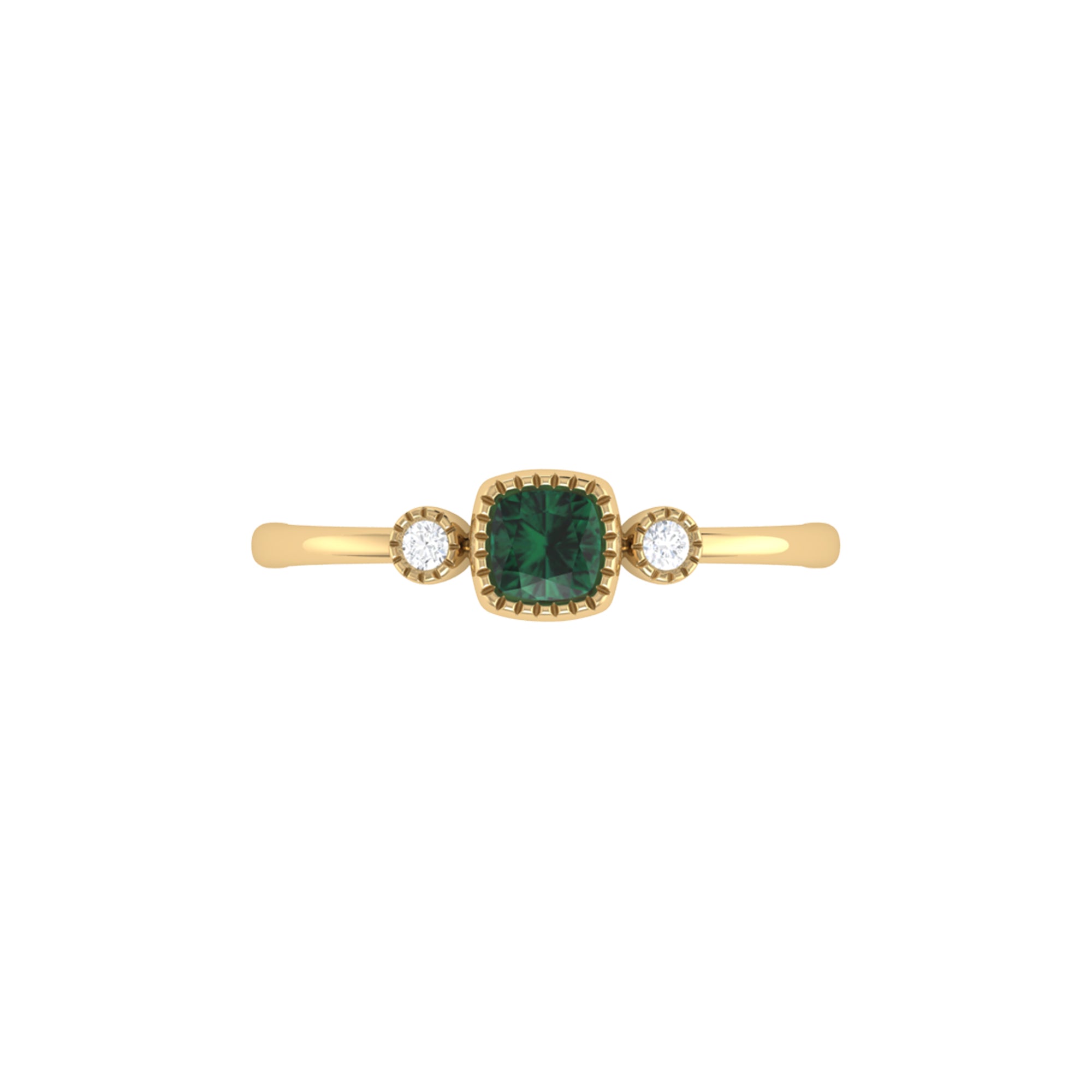 Cushion Cut Emerald & Diamond Birthstone Ring in 14K Yellow Gold, featuring a vibrant green emerald and sparkling diamonds in a bezel setting.