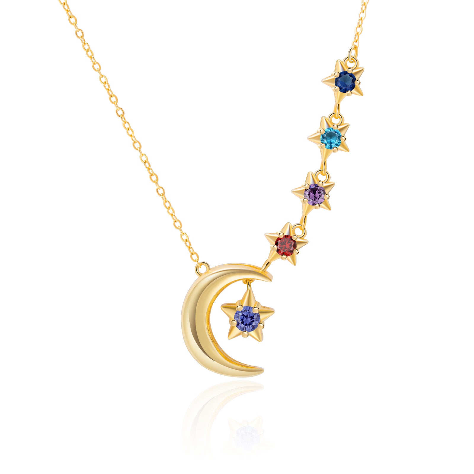 Custom Birthstone Moon and Star Necklace made of stainless steel, featuring a delicate moon and star design, perfect for personalized gifting.