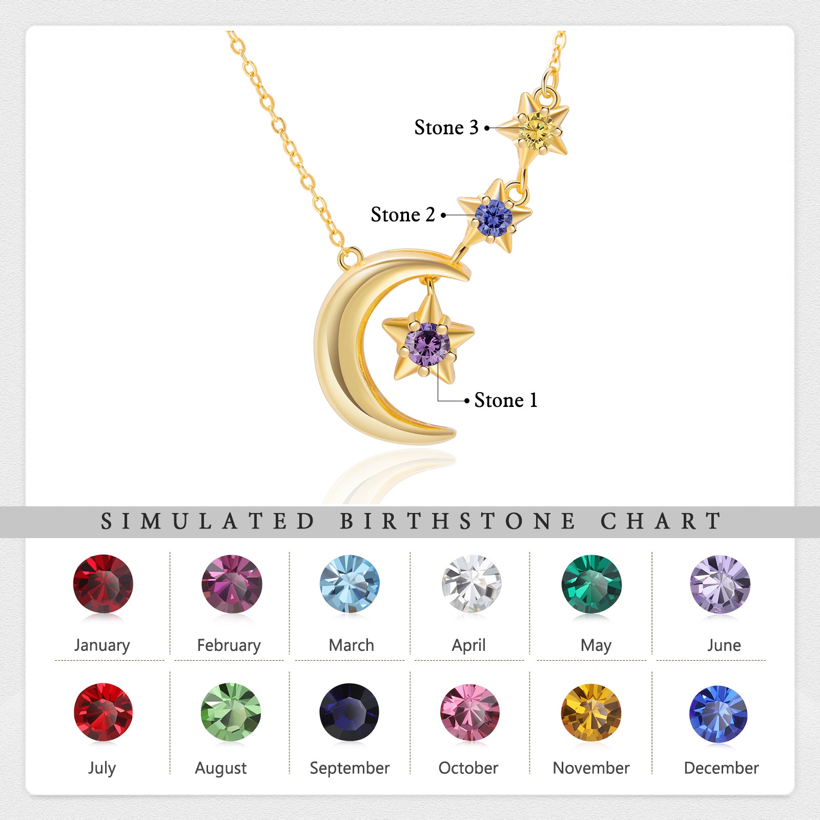 Custom Birthstone Moon and Star Necklace made of stainless steel, featuring a delicate moon and star design, perfect for personalized gifting.