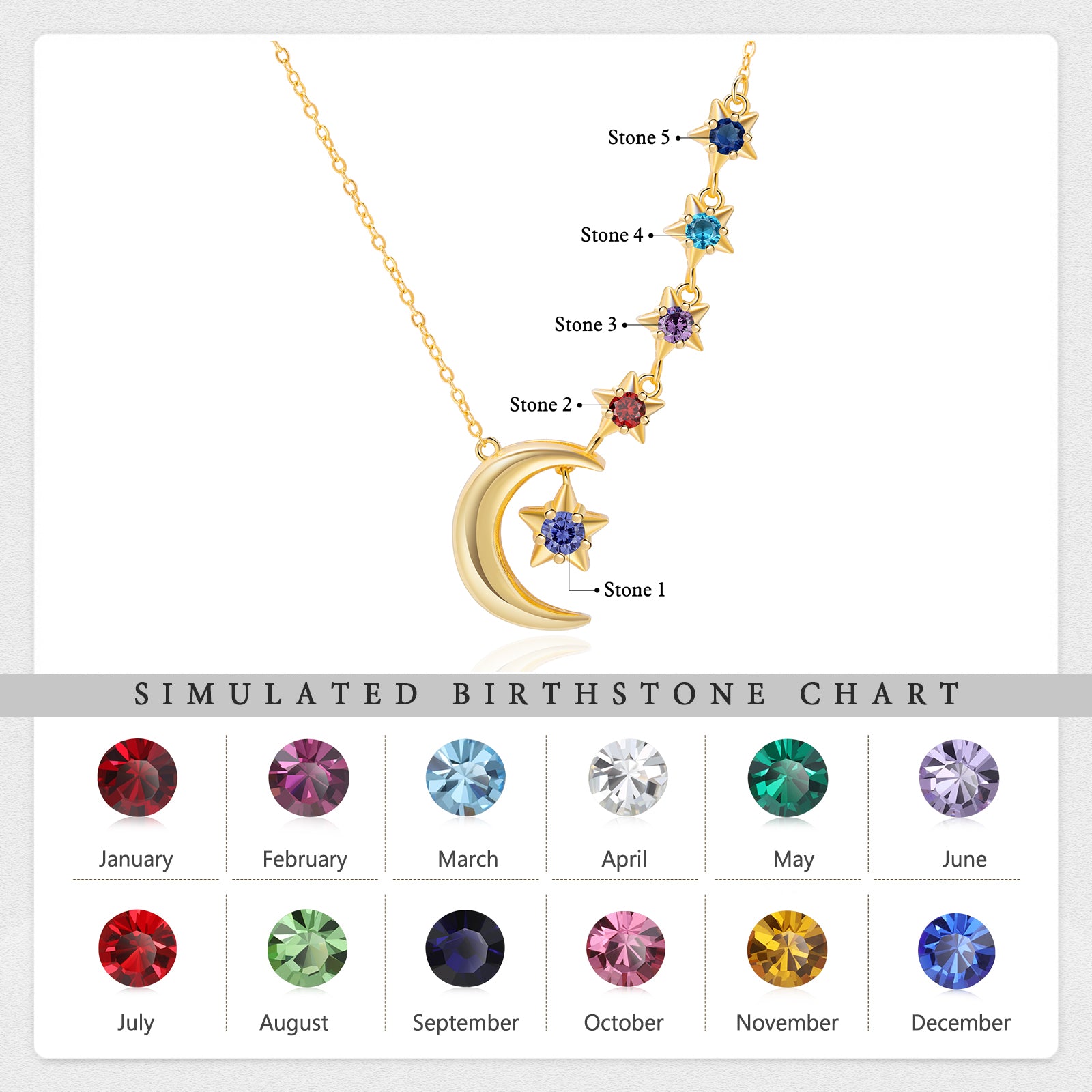 Custom Birthstone Moon and Star Necklace made of stainless steel, featuring a delicate moon and star design, perfect for personalized gifting.