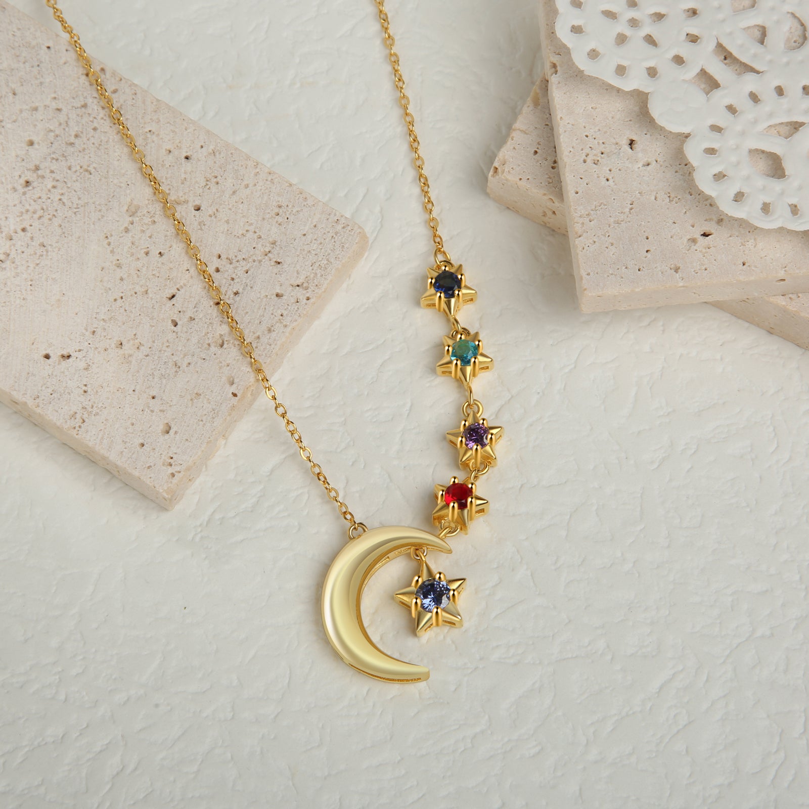 Custom Birthstone Moon and Star Necklace made of stainless steel, featuring a delicate moon and star design, perfect for personalized gifting.