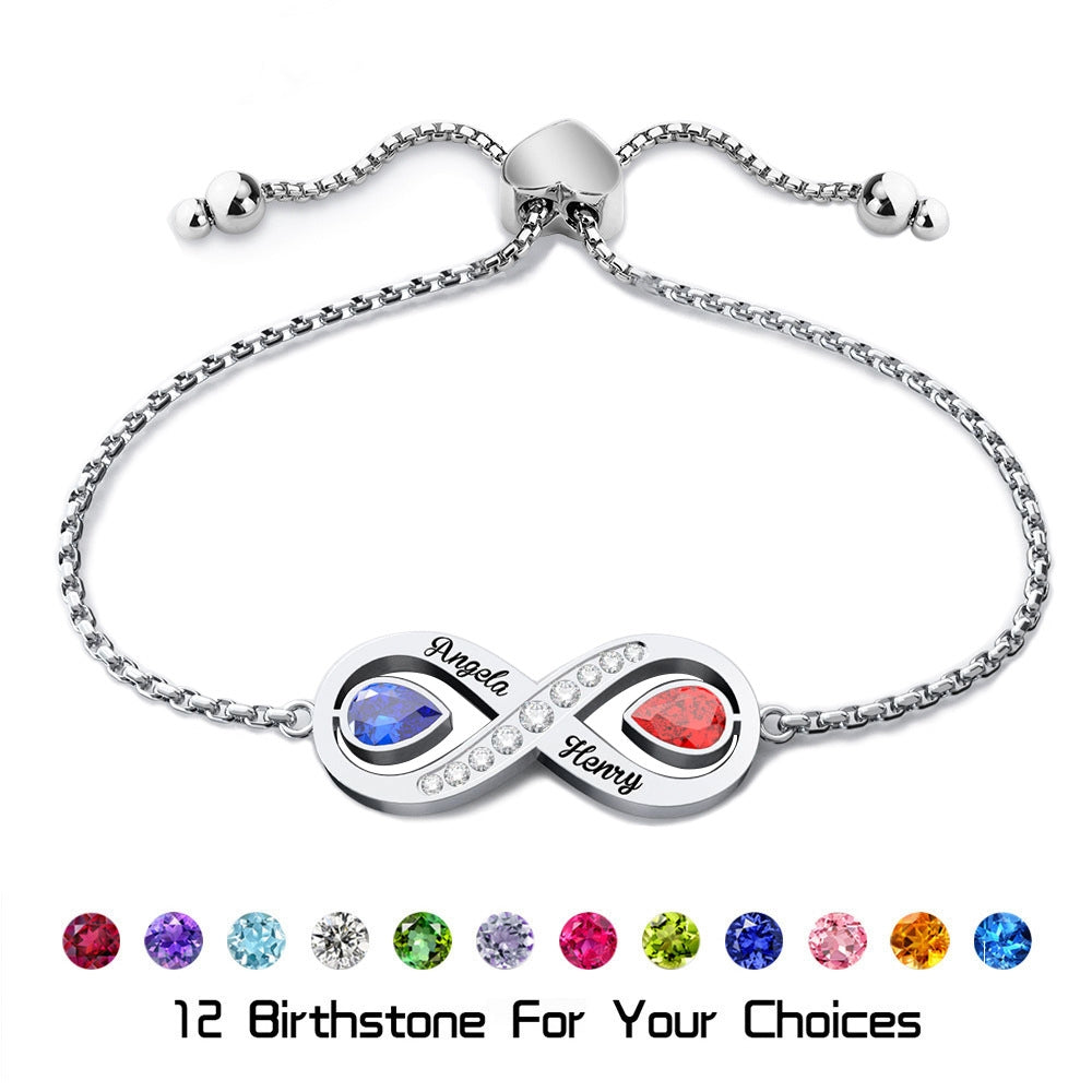 Custom Couple Name Birthstone Bracelet made of stainless steel, featuring personalized names and birthstones, elegantly displayed in a gift box.