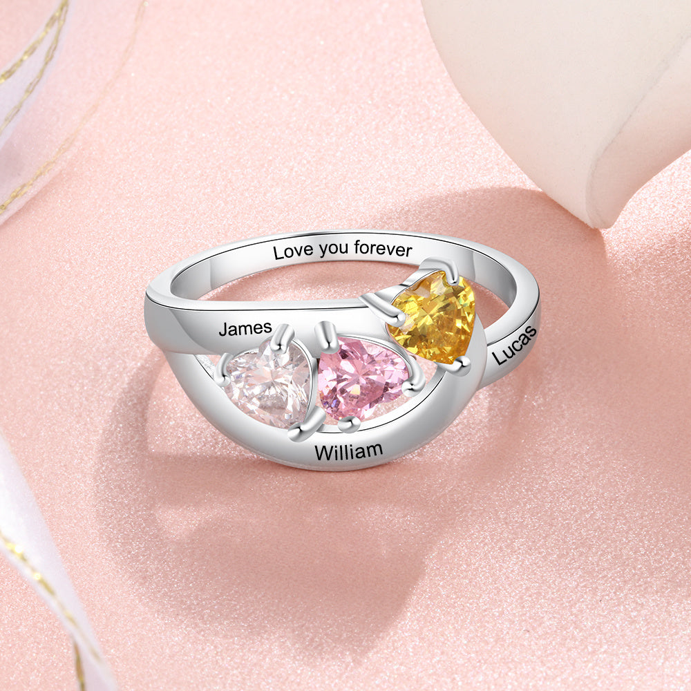 Custom Engraved Names 925 Sterling Silver CZ Ring with white gold plating, showcasing personalized engraving options.