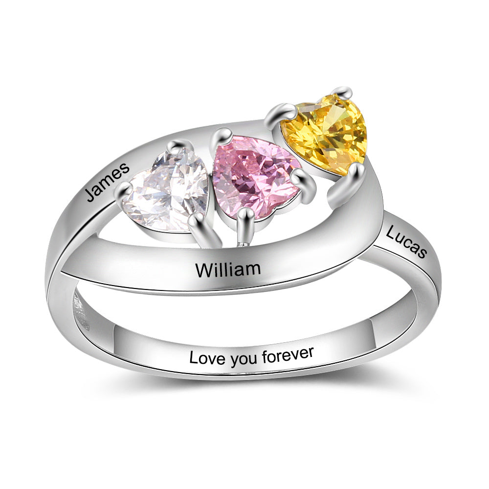 Custom Engraved Names 925 Sterling Silver CZ Ring with white gold plating, showcasing personalized engraving options.