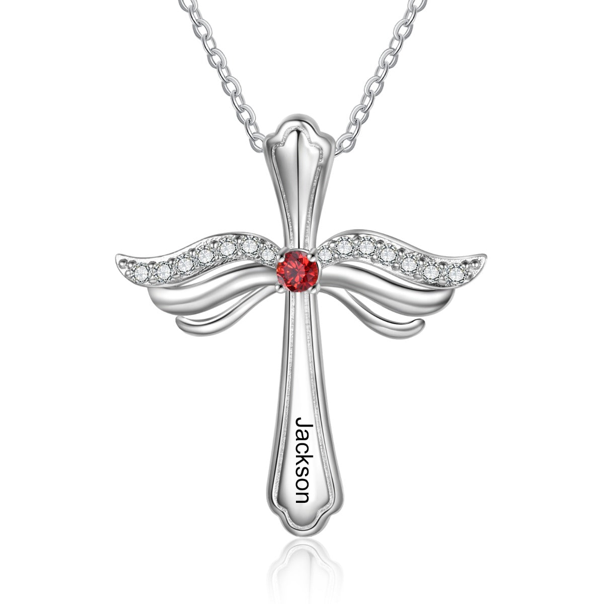 Custom Engraved Rhodium Plated Cross Necklace with adjustable chain and personalized engraving option.