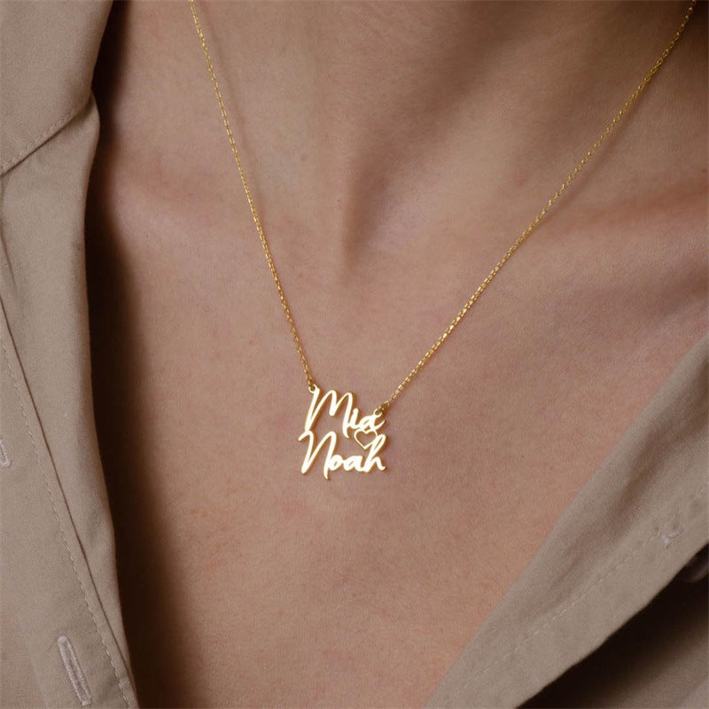 Custom Gold Two Name Necklace featuring two names intertwined with a heart design, elegantly crafted in high-quality gold plating.