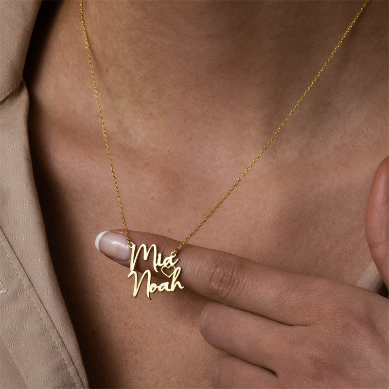 Custom Gold Two Name Necklace featuring two names intertwined with a heart design, elegantly crafted in high-quality gold plating.