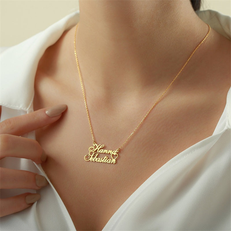 Custom Gold Two Name Necklace featuring two names intertwined with a heart design, elegantly crafted in high-quality gold plating.