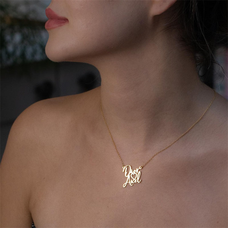 Custom Gold Two Name Necklace featuring two names intertwined with a heart design, elegantly crafted in high-quality gold plating.