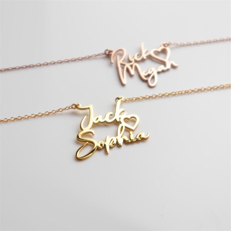 Custom Gold Two Name Necklace featuring two names intertwined with a heart design, elegantly crafted in high-quality gold plating.