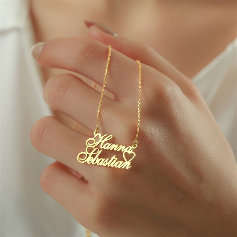 Custom Gold Two Name Necklace featuring two names intertwined with a heart design, elegantly crafted in high-quality gold plating.