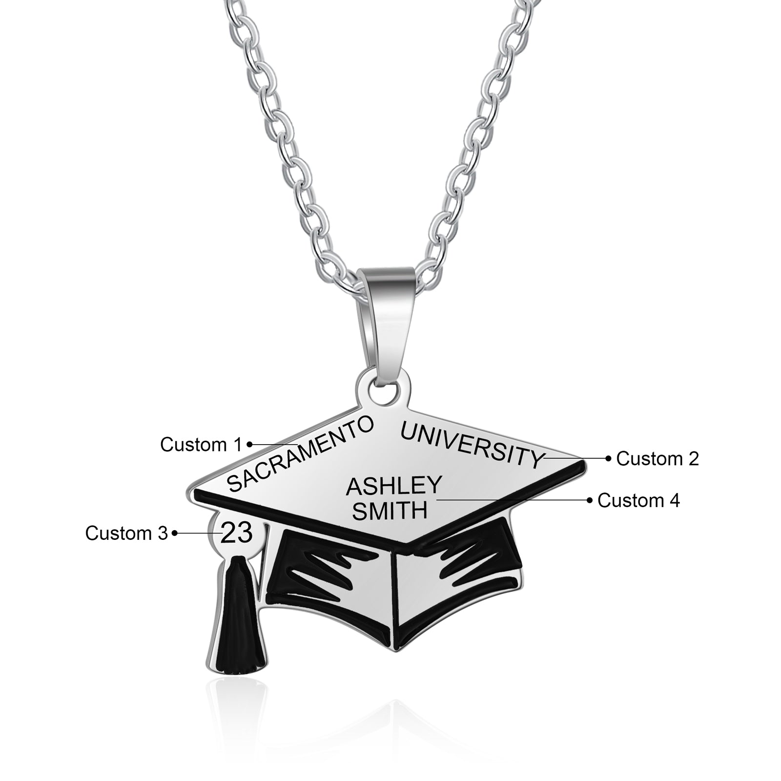 Custom Graduation Hat Necklace made of stainless steel, featuring a graduation cap charm, adjustable length, and tarnish-resistant finish.