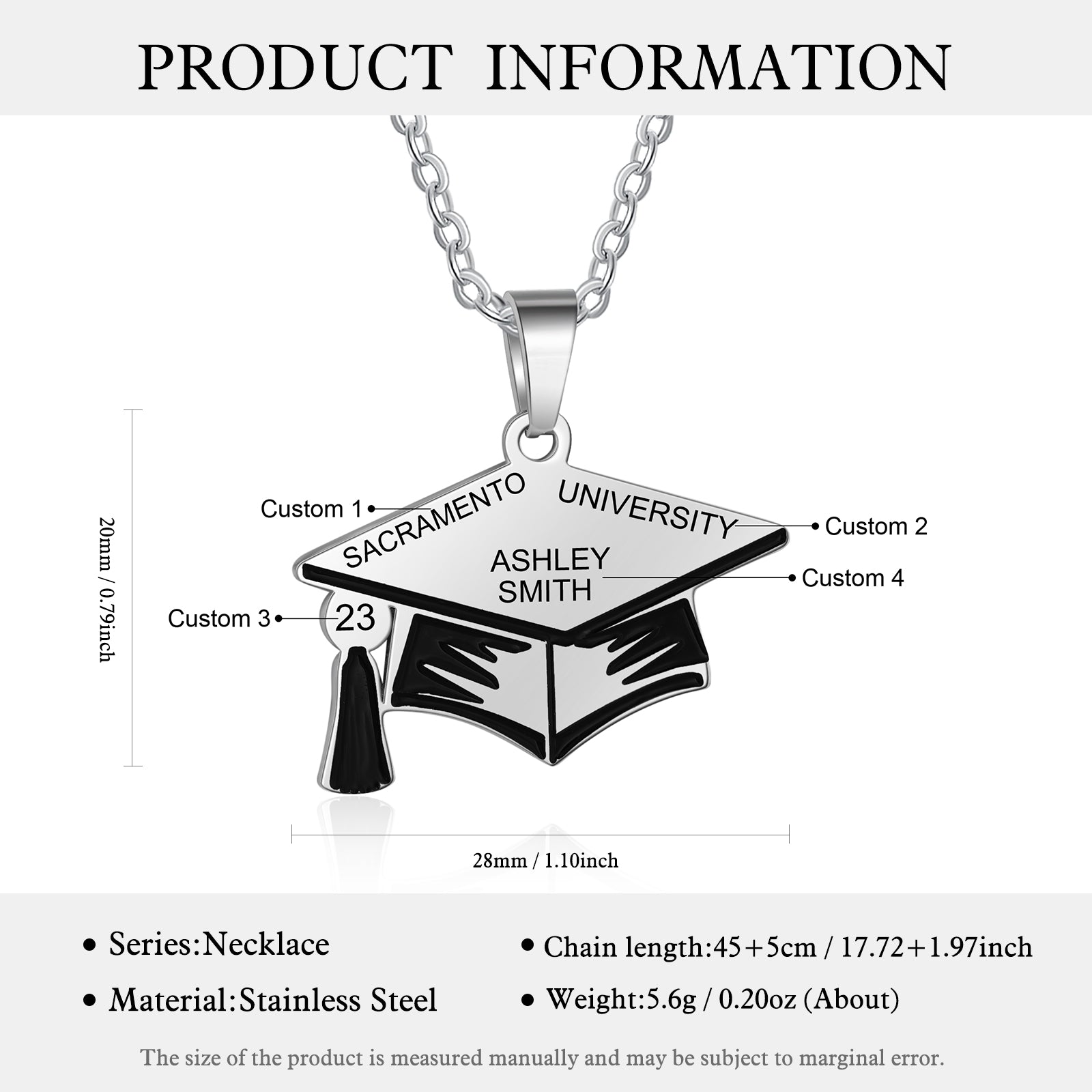 Custom Graduation Hat Necklace made of stainless steel, featuring a graduation cap charm, adjustable length, and tarnish-resistant finish.