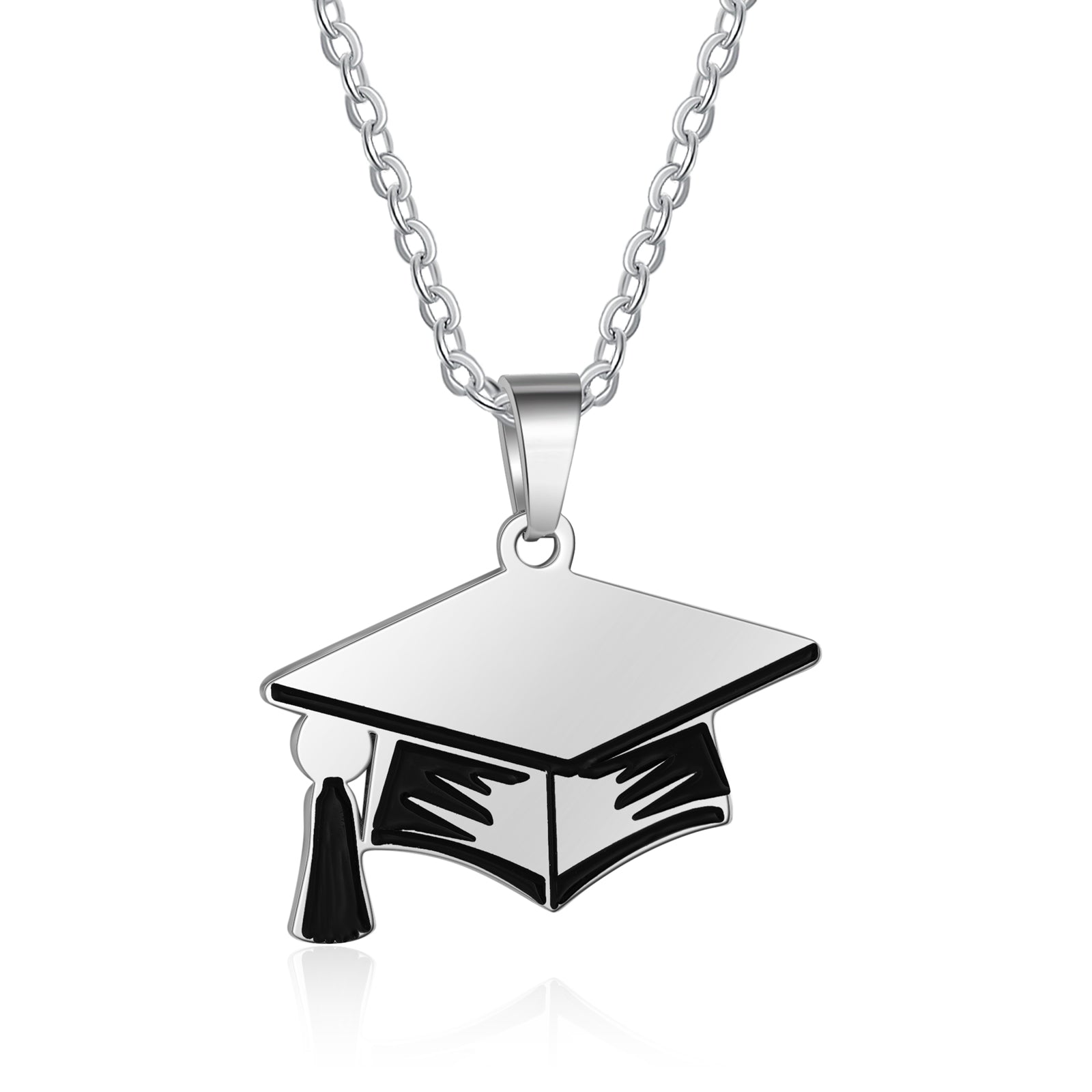 Custom Graduation Hat Necklace made of stainless steel, featuring a graduation cap charm, adjustable length, and tarnish-resistant finish.