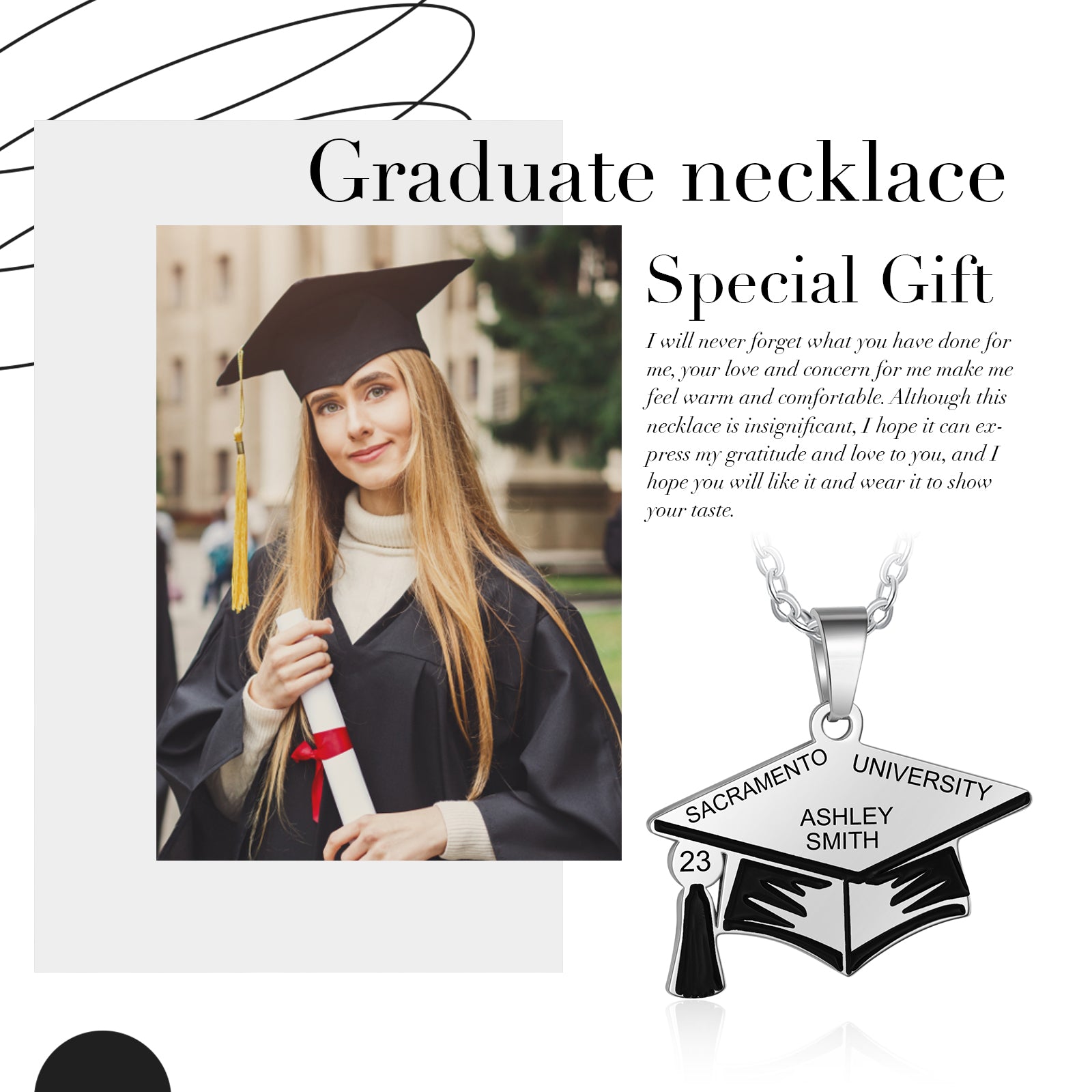 Custom Graduation Hat Necklace made of stainless steel, featuring a graduation cap charm, adjustable length, and tarnish-resistant finish.