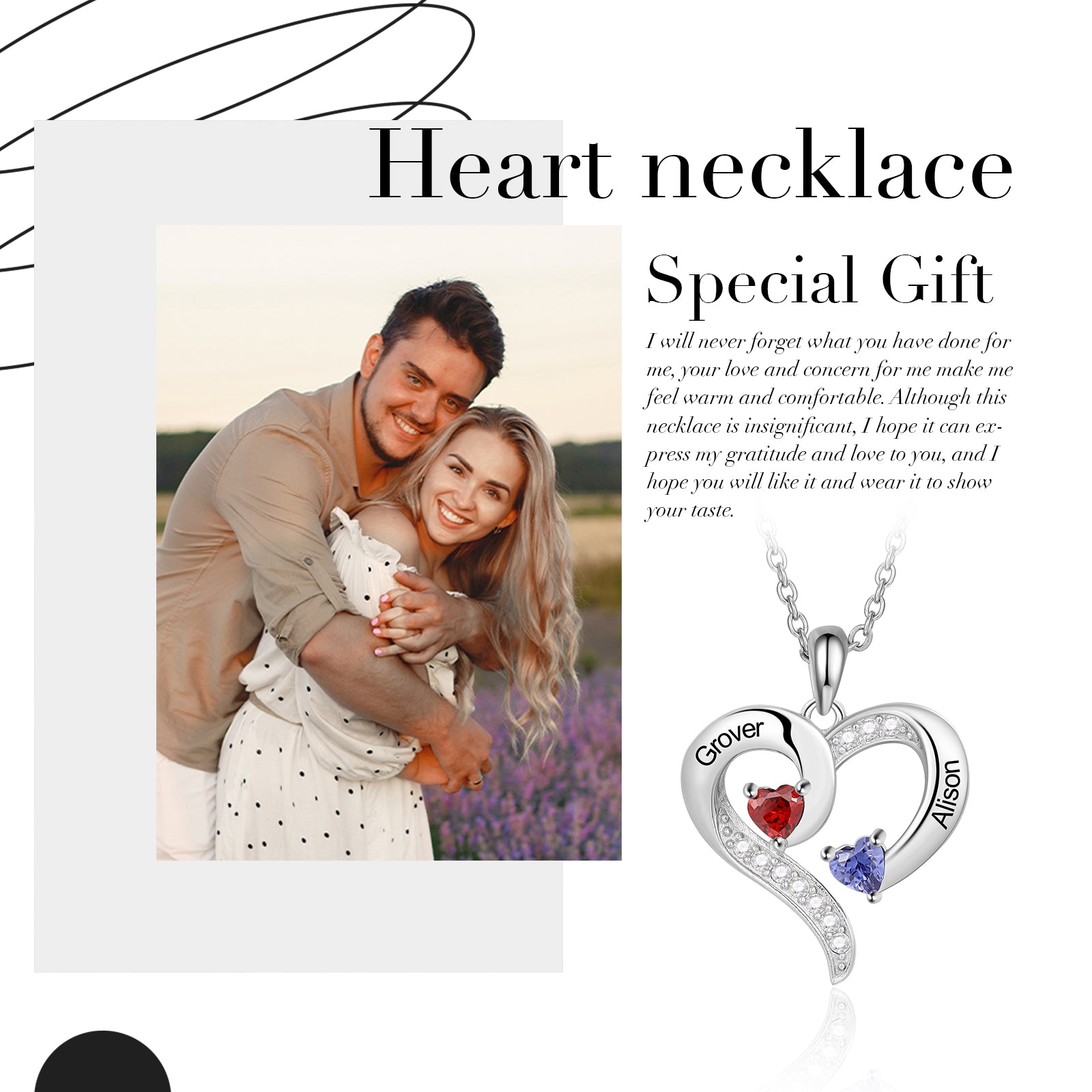 Custom Heart Pendant Necklace in white gold plating, featuring a personalized heart pendant, adjustable chain, and lightweight design.